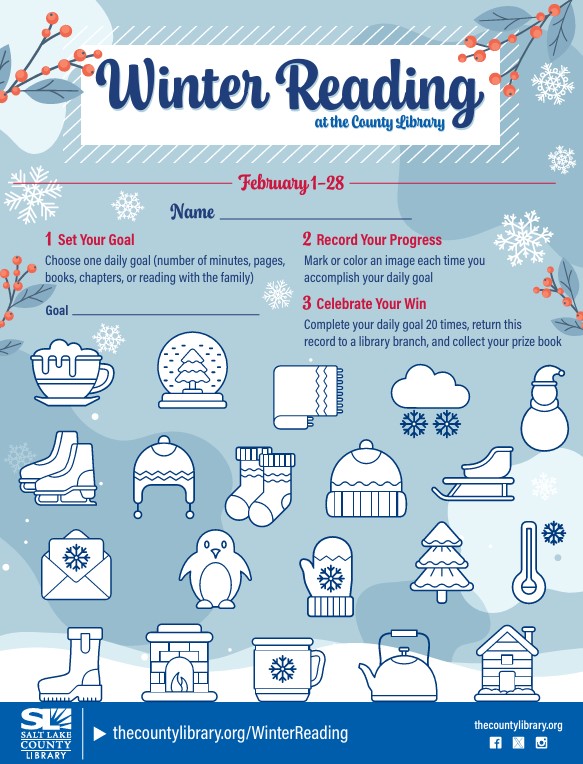 A winter reading tracking image with winter related items